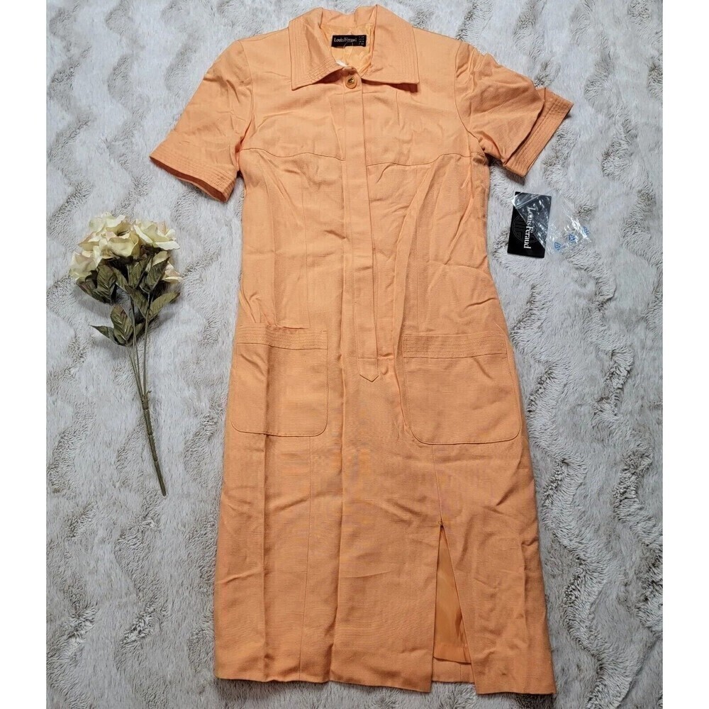 Louis Feraud Orange Silk Woven Short Sleeve‎ Hidden Button Slit Dress NWT Size 4